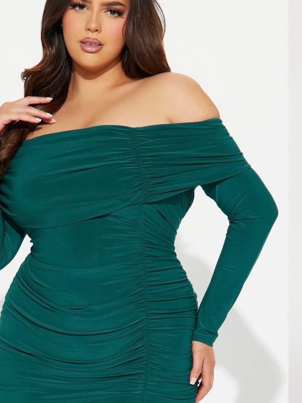 Fashion Nova Off-Shoulder Ruched Midi Dress - Teal Green